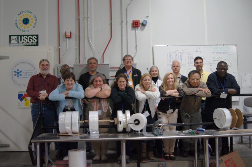 2015 School of Ice participants from ten states pose at the U.S. National Ice Core Laboratory before a tour of a live core processing line