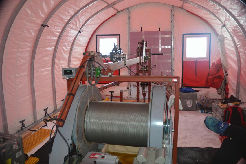 View of the inside of the borehole logging tent at WAIS Divide, Antarctica, and the USGS Deep Logging Winch