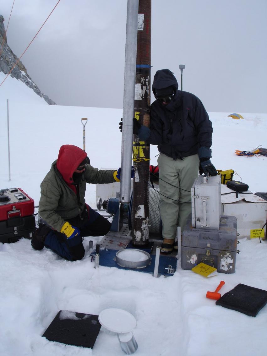 Drilling with the thermal drill at Combatant Col, Mt. Waddington, British Columbia, during the 2010 field season