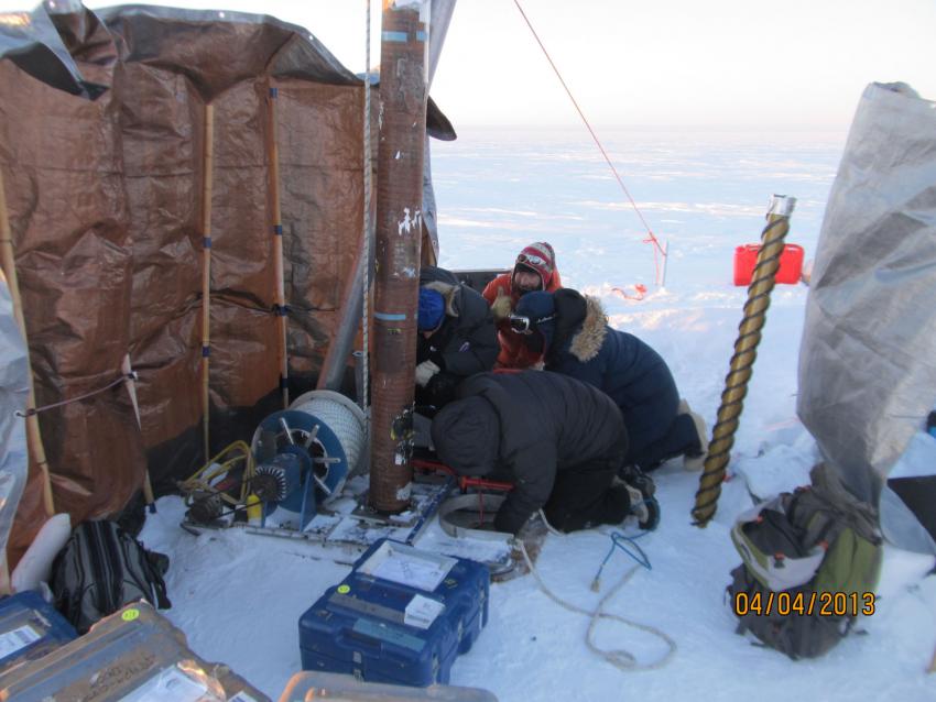 Drilling with the thermal drill during the 2013 field season in SE Greenland to investigate liquid water storage in the perennial firn aquifer