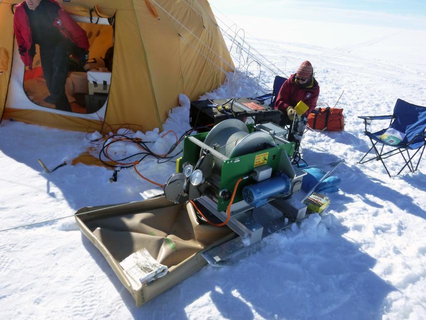 The intermediate depth logging winch in operation at Siple Dome, Antarctica, during the 2013-2014 summer field season