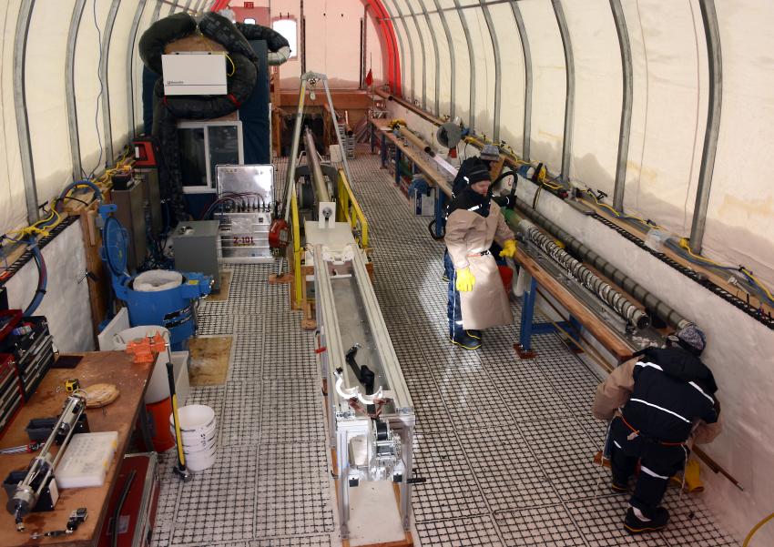 Inside the drilling tent of the South Pole Ice Core project during the 2014-2015 summer field season