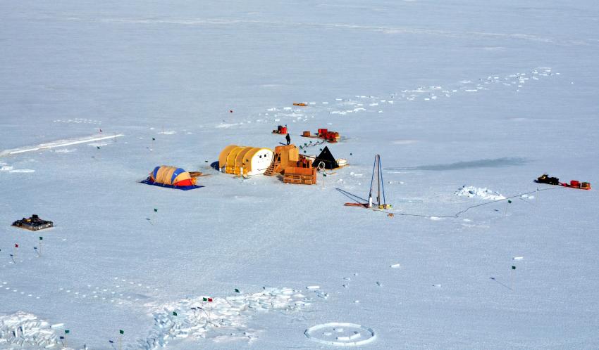 Aerial view of a field camp on Taylor Glacier, Antarctica