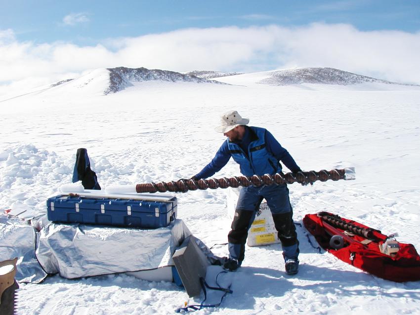 Collecting an ice core in the Dry Valleys of Antarctica using a PICO hand auger.