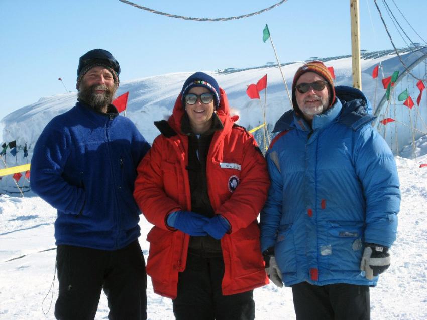 Dr. Julie Palais (middle) with Dr. Kendrick Taylor (left) and Bruce Vaughn (right) outside of the arch for the WAIS Divide ice core project during the 2008-09 Antarctic field season