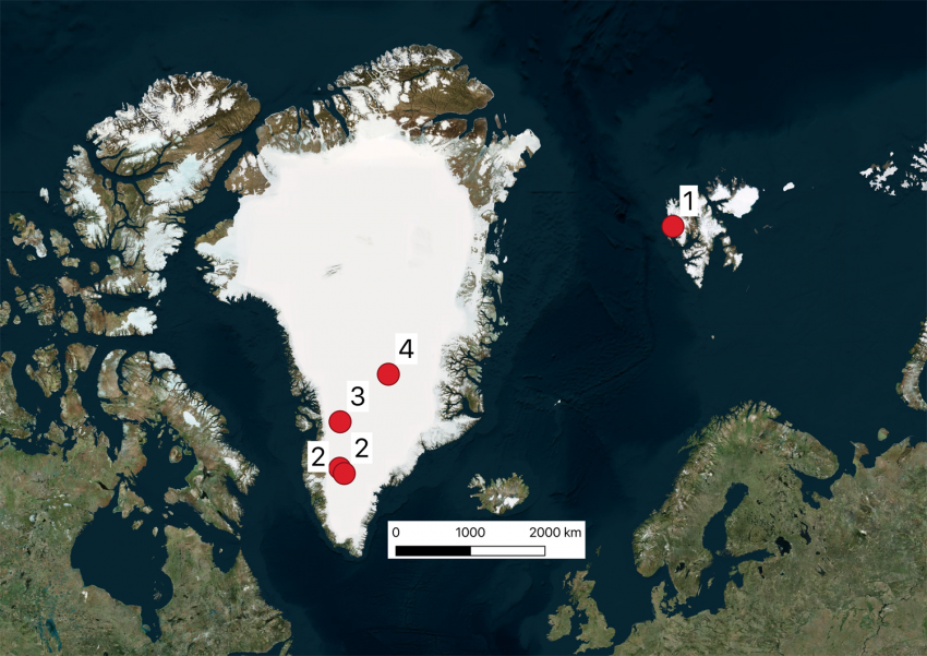 Map showing field locations in Greenland and Svalbard.