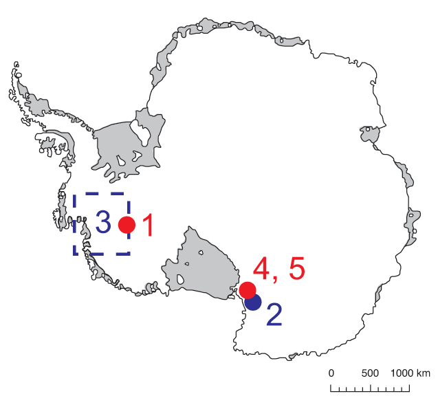Map of Antarctica showing 2010-2011 field season drilling locations