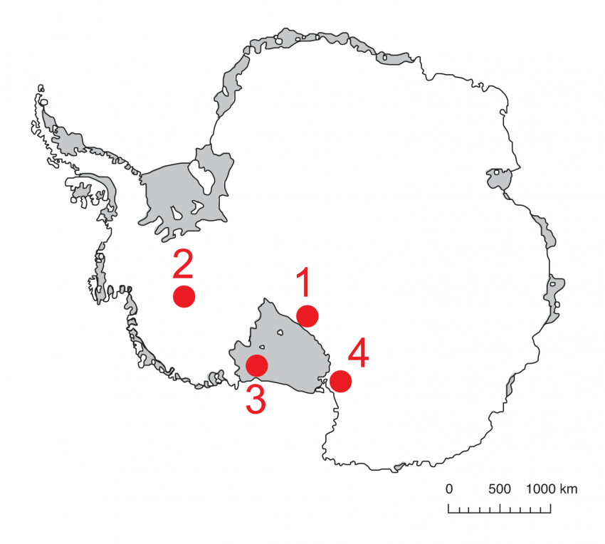 Map of Antarctica showing IDDO 2012-2013 field season locations