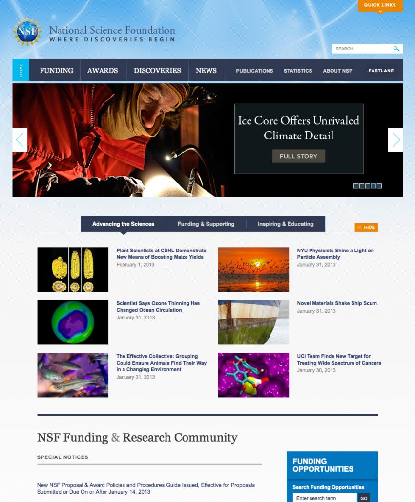 Screen-shot of the homepage of the NSF website showing the press release about WAIS Divide