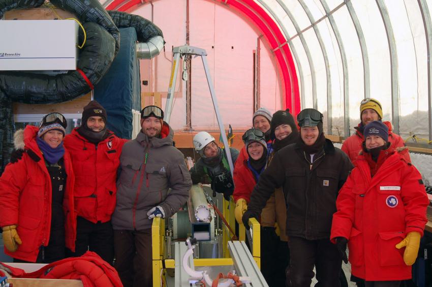 The SPICEcore team with the first core drilled on December 8, 2014