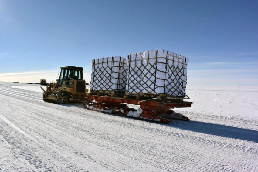 Ice cores being transported to South Pole skiway