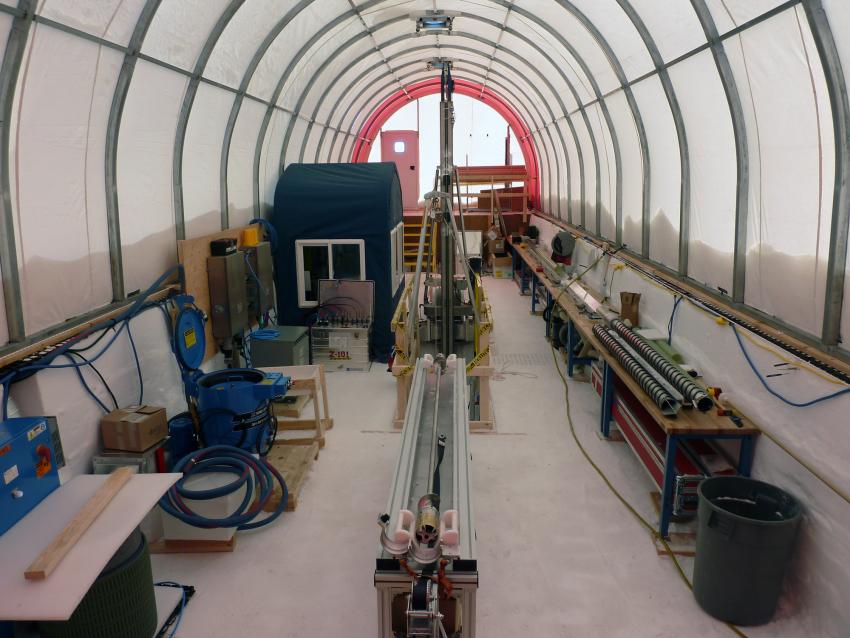 Inside the un-insulated WeatherPORT tent for housing the drilling and core processing operations