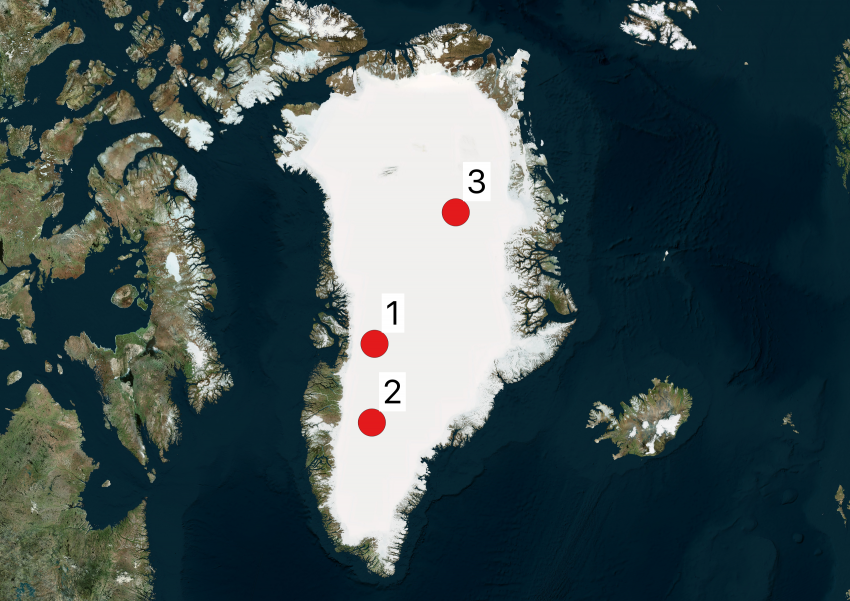 Map of Greenland showing 2019 Arctic field season locations