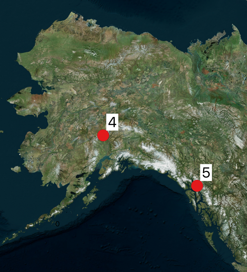 Map of Alaska showing 2019 Arctic field season locations. The numbers shown on the maps correspond to the project numbers in the text.