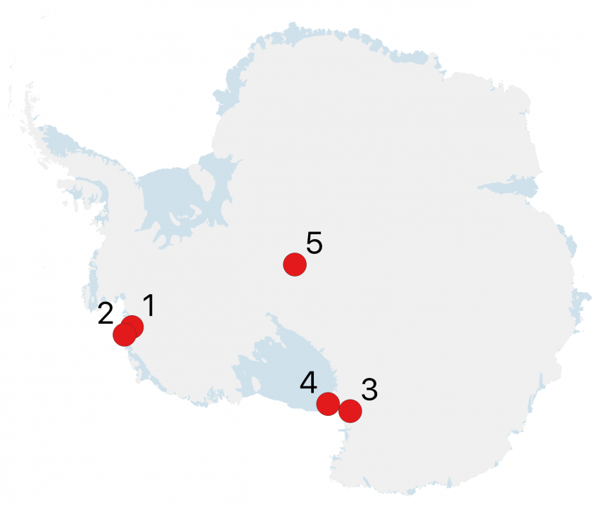 Map of Antarctica showing 2019-2020 Antarctic field season locations. The numbers shown on the maps correspond to the project numbers in the text.