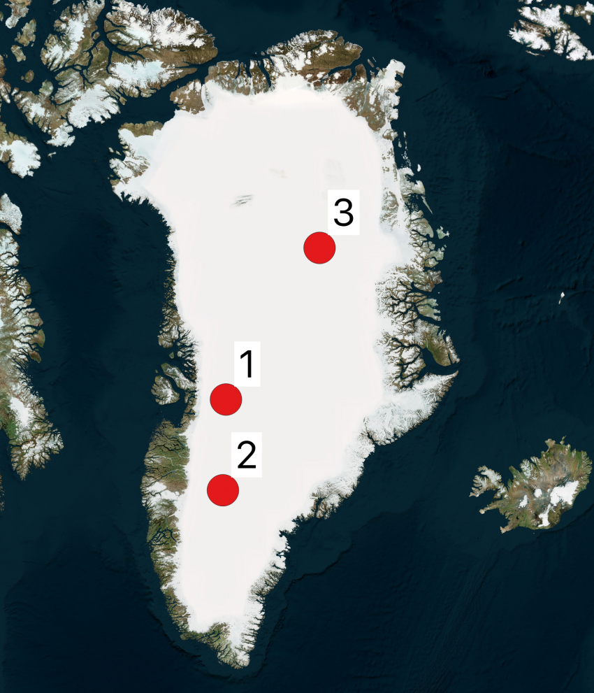 Map of Greenland showing 2019 Arctic field season locations. The numbers shown on the maps correspond to the project numbers in the text.