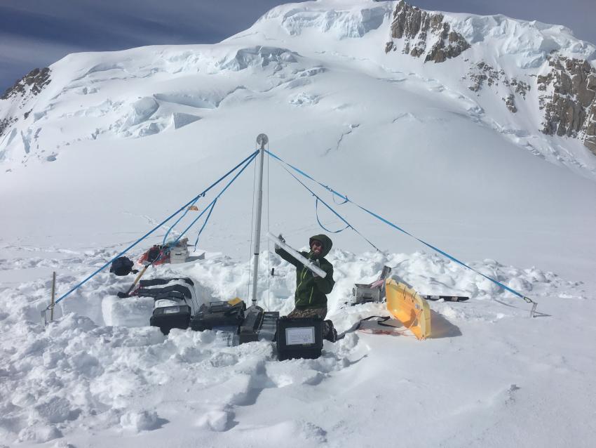 Researchers use the Stampfli Drill to collect a 50-meter long core from the summit plateau of Mount Hunter, Alaska