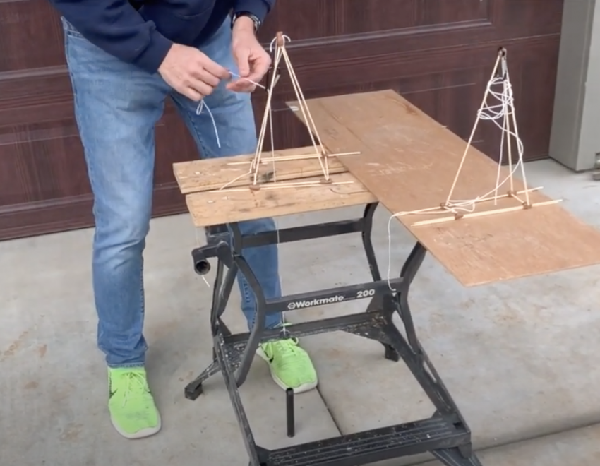 Bill Grosser demonstrates creating a model drill rig in the teacher video for the Engineering Challenge: Designing a Portable Drilling Rig