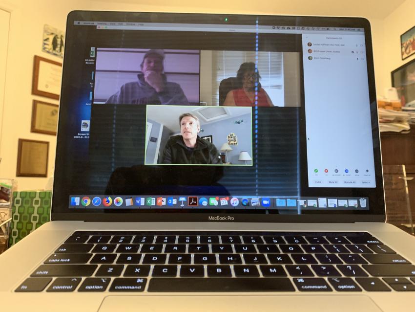 Bill Grosser (top left), Louise Huffman (top right), and Erich Osterberg (bottom) discuss virtual field trip options for the 2020 SOI workshop via a Zoom meeting