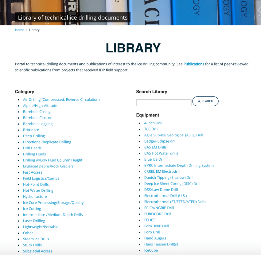Screenshot of the Library sec on of the IDP website. The Library serves as a community portal to ice drilling technology documents and publications.