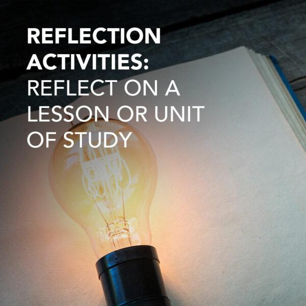 Image of a book with an illumated lightbulb in front advertising the Reflection Activities classroom resource
