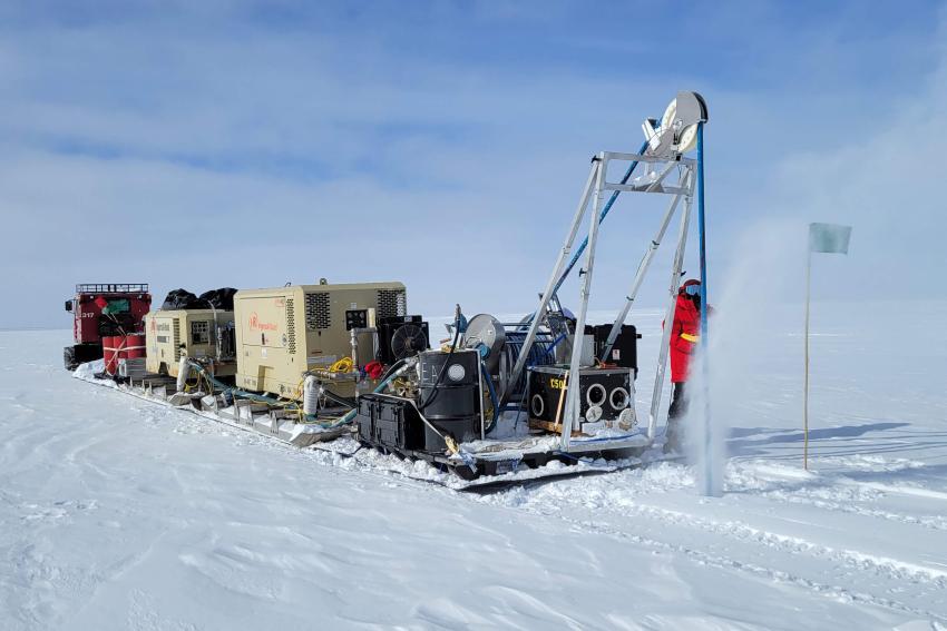 Chris Rush operates the RAM 2 Drill near WAIS Divide camp, Antarctica, for the C-442 GHOST project (PI Sridhar Anandakrishnan). Credit: Jay Johnson