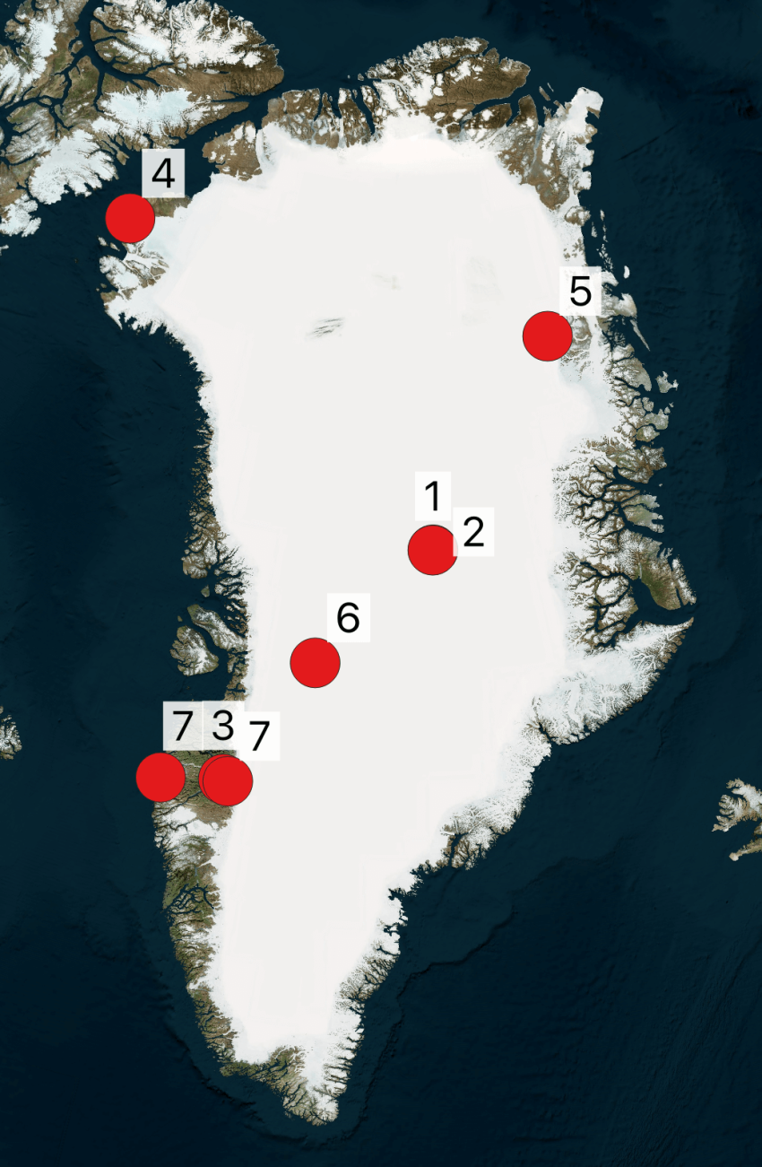 Map of Greenland showing the locations of IDP supported 2023 spring/summer fieldwork.