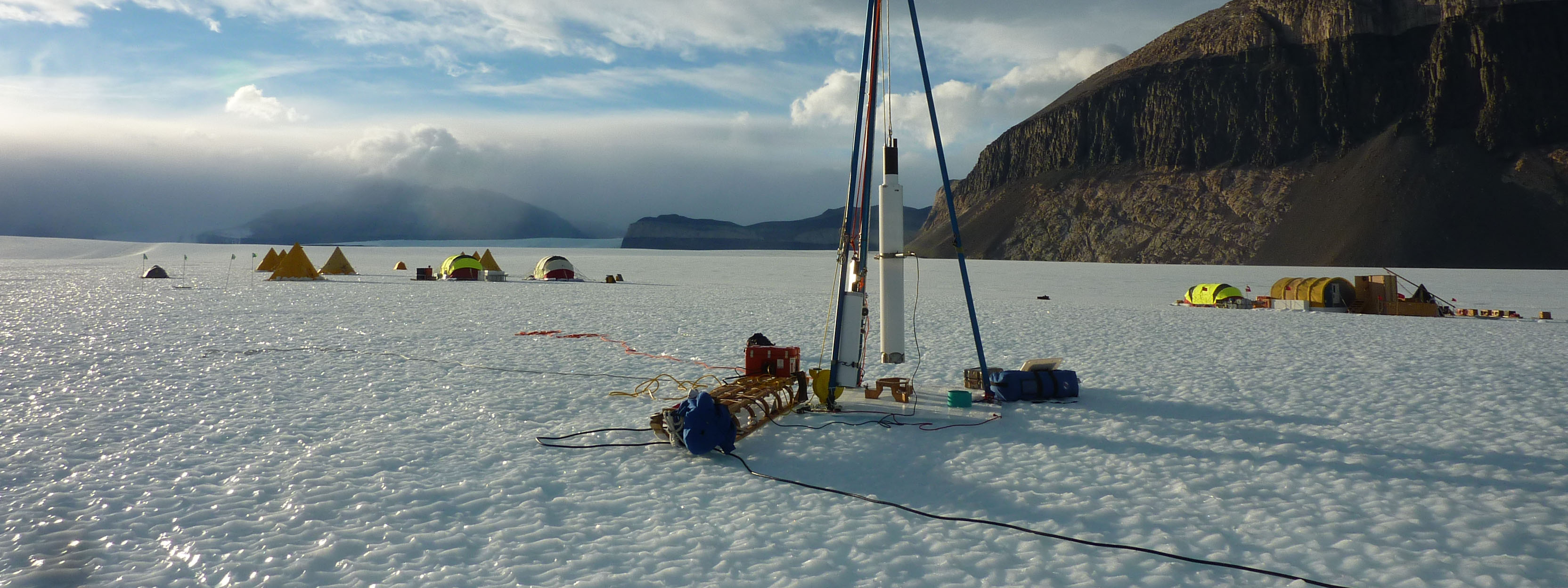 The Blue Ice Drill and the drill camp on a Blue Ice Area at Taylor Glacier, Antarctica, during the 2010/11 field season. Credit: Tanner Kuhl