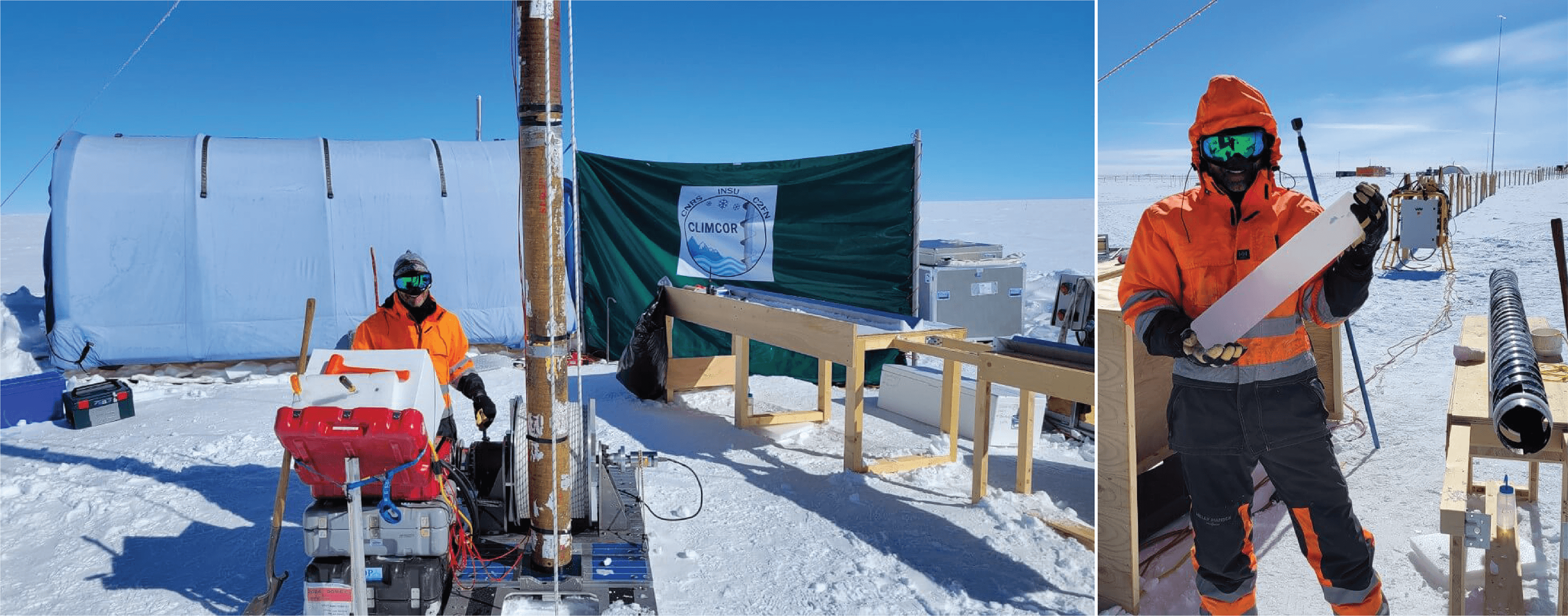 (Left) Jay Johnson operates the 4-Inch Drill at Dome C, Antarctica. Credit: Alexander Ihle. (Right) Jay Johnson holds the last core segment from the second borehole drilled with the 4-Inch Drill. Credit: Alexander Ihle.