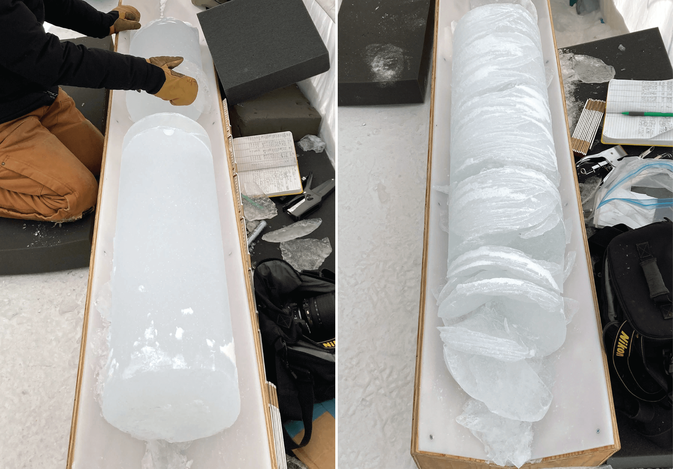 (Left) An ice core with good core quality -- drilled with the Blue Ice Drill (BID) -- drilled during the 2022/23 field season at an Allan Hills, Antarctica, Blue Ice Area. (Right) An ice core with poor core quality -- drilled with the BID -- drilled during the 2022/23 field season at the same BIA at Allan Hills, Antarctica. Credit: Elizabeth Morton.