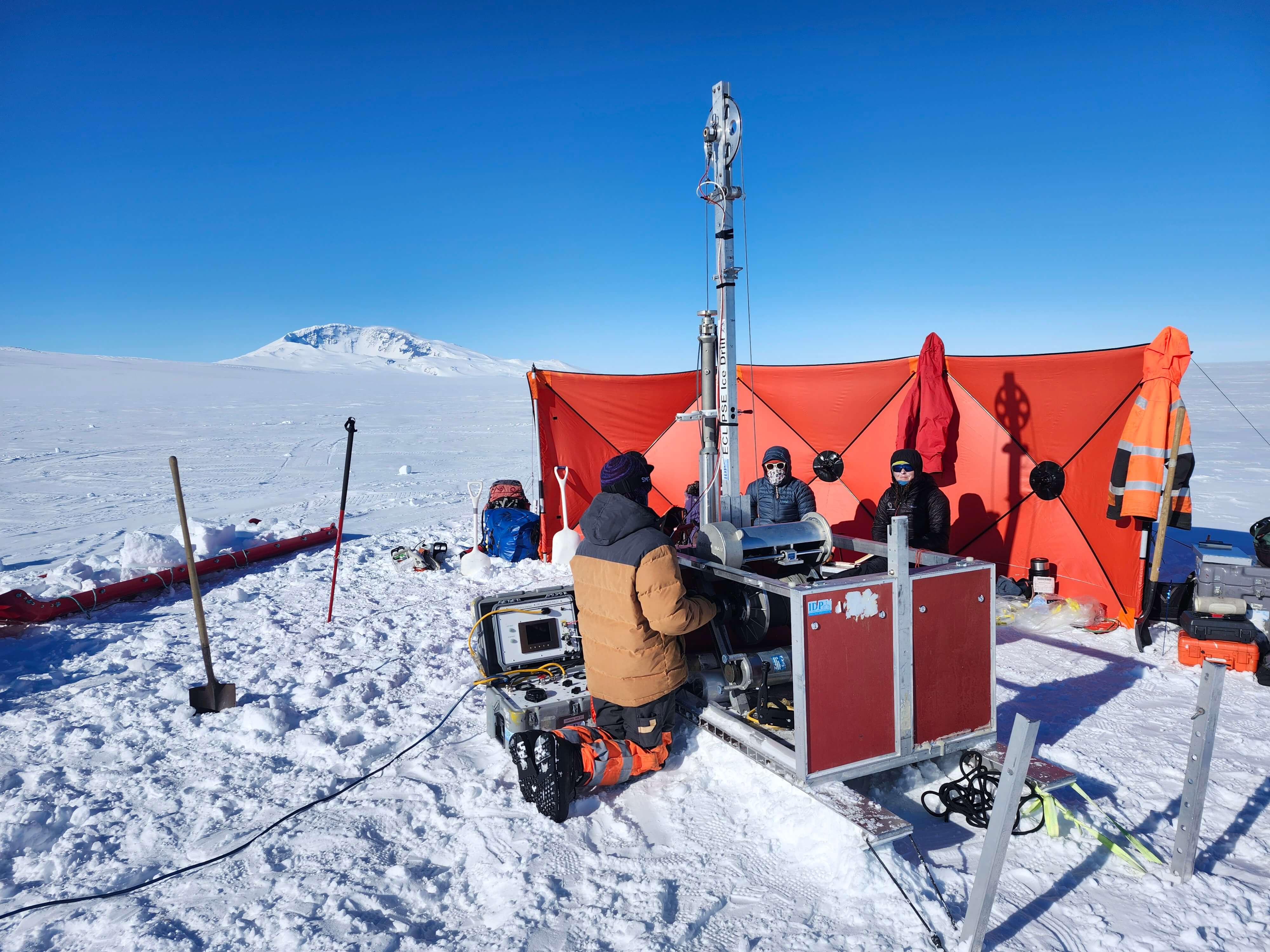 Drilling with the Eclipse Drill at Mount Waesche, West Antarctica. Credit. Nels Iverson.