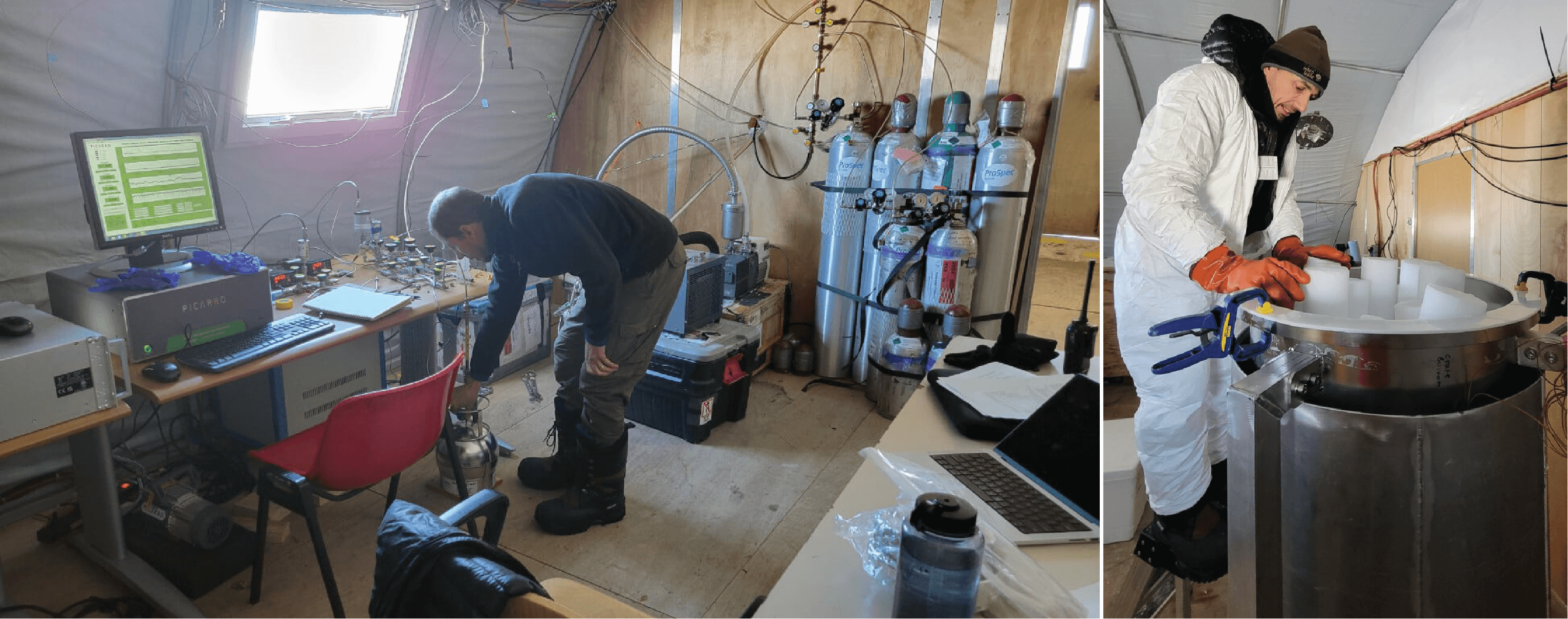 (Left) Vas Petrenko loads the onsite melter to extract the air from the ice cores for analyses of carbon monoxide and methane isotopes. Credit. Jay Johnson. (Right) Vas Petrenko fills a sample canister with the extracted air. Credit: Jay Johnson.