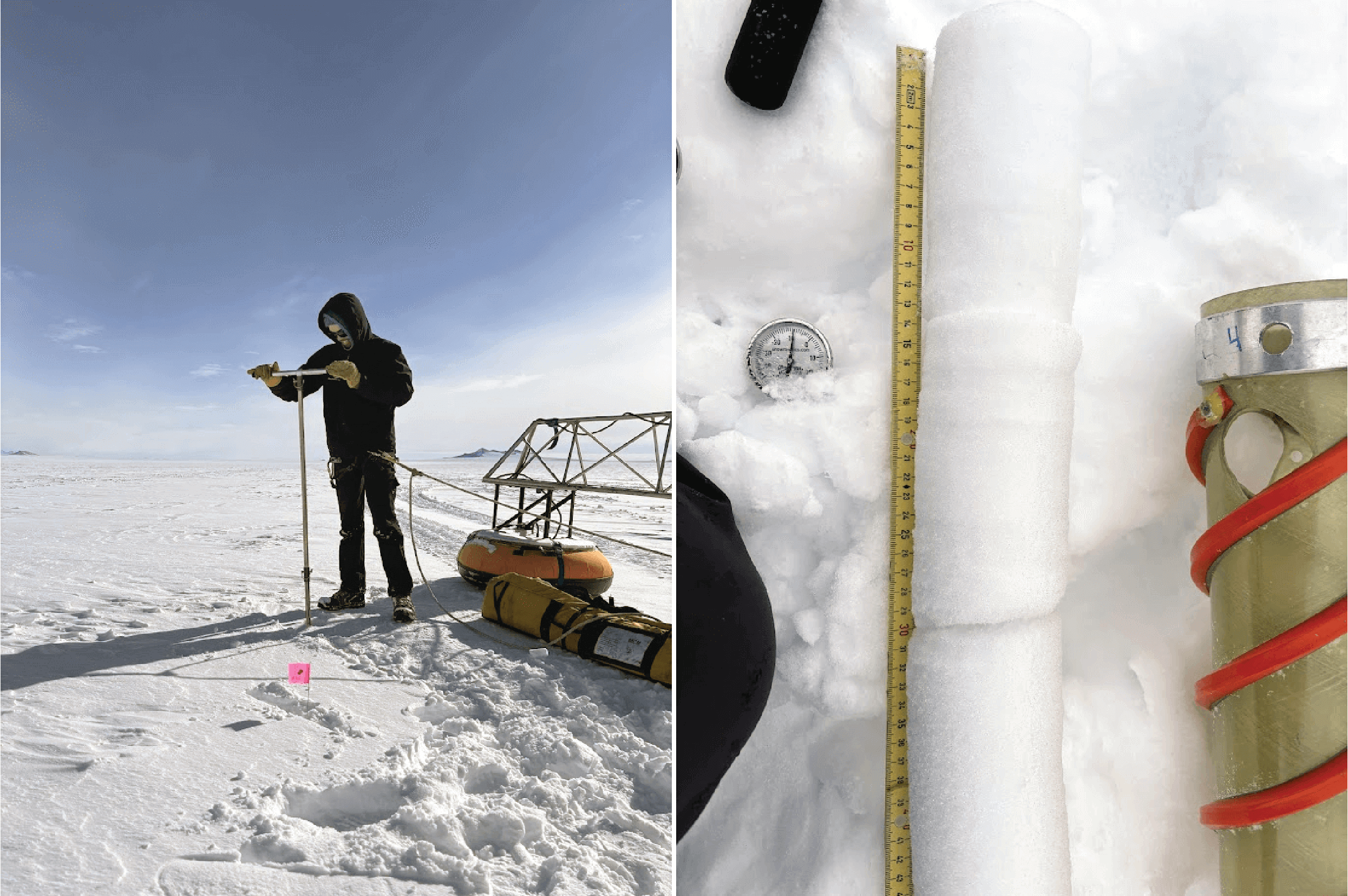 (Left) Derek Pickell (Dartmouth College) uses the IDP hand auger to examine crevasse bridge properties at the base of the Leverett Glacier, Antarctica. (Right) One of the shallow cores collected from a crevasse bridge at the base of the Leverett Glacier. Credit: Zoe Courville.