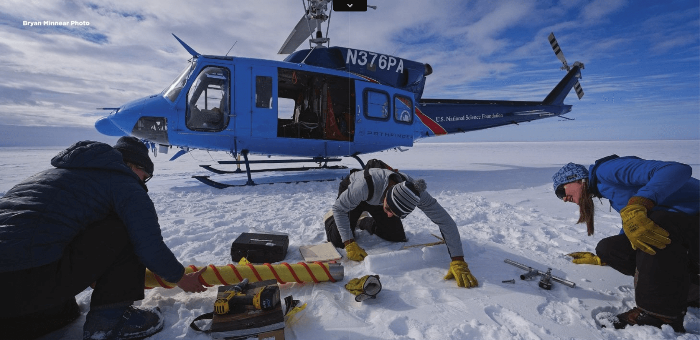Julie Webber (McMurdo Station Crary Lab, left), Parker Steen (Massachusetts Institute of Technology, middle) and Stine Ornes (USAP Field Safety, right) use a Kovacs Mark II hand auger on the Ross Ice Shelf, Antarctica, to measure the density of the Ross Ice Shelf firn. Credit: Bryan Minnear, Lead Pilot, Pathfinder Systems.