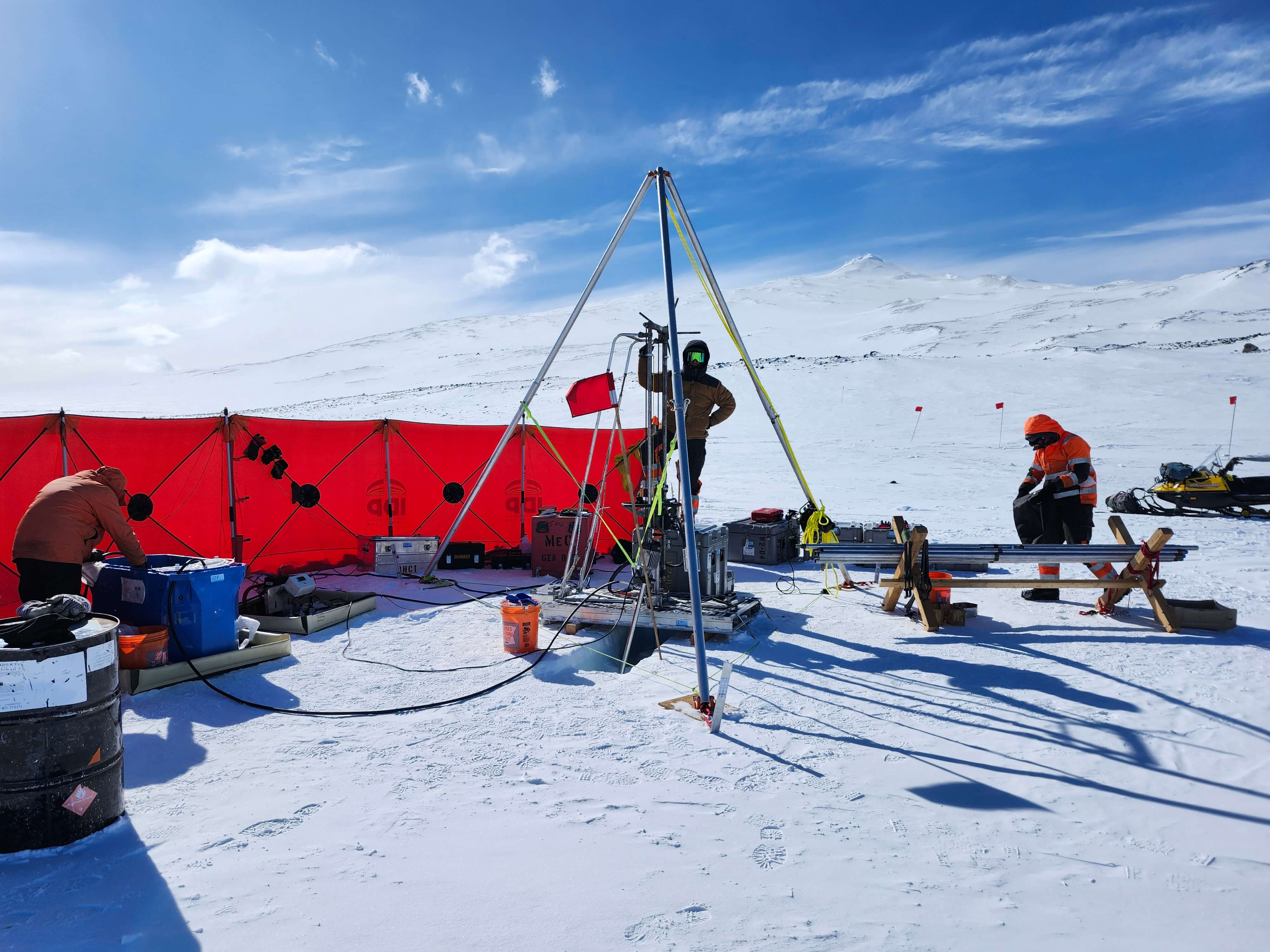 Drilling with the Winkie Drill at Mount Waesche, West Antarctica. Credit: Nels Iverson.