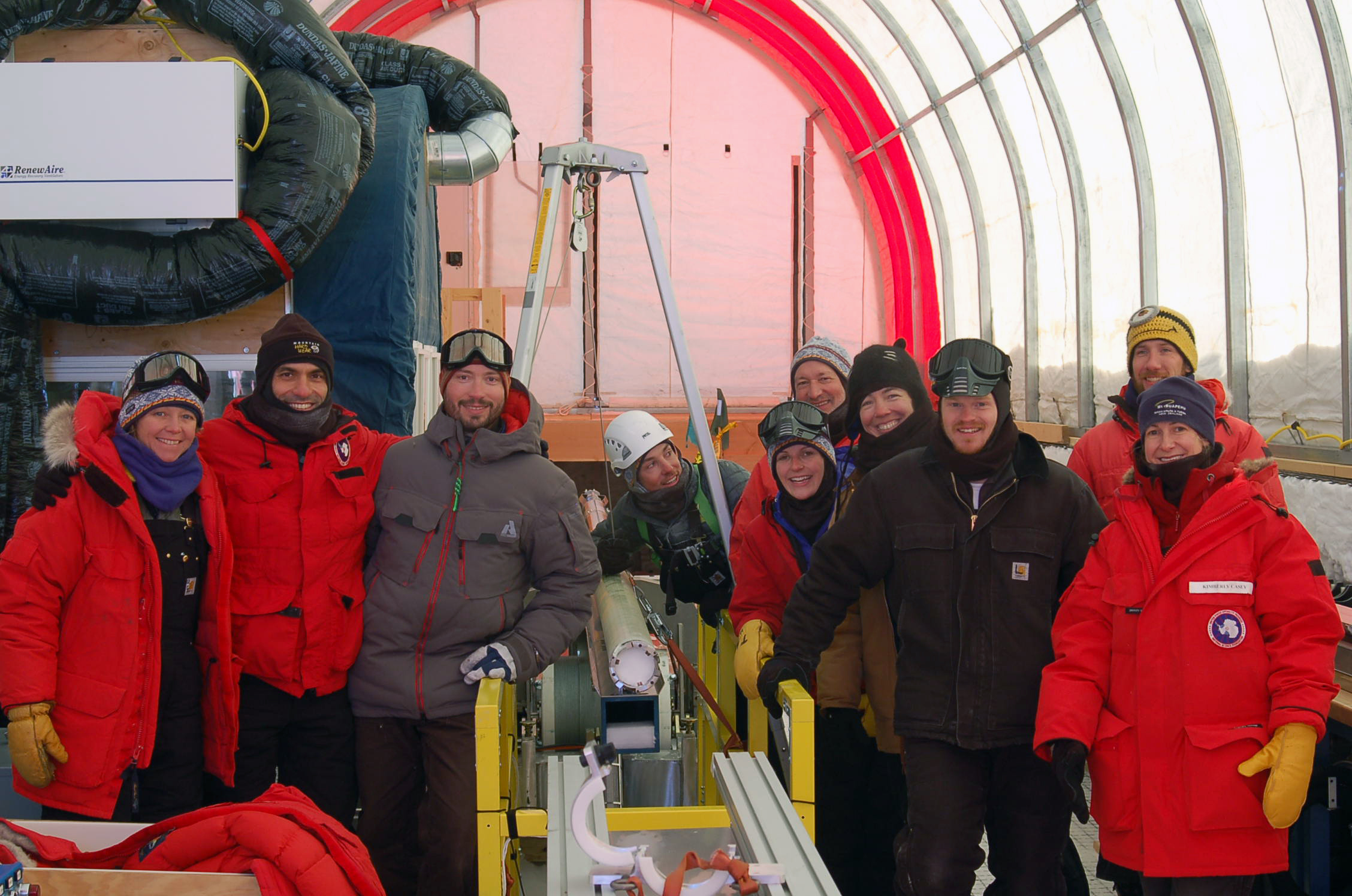 The SPICEcore team with the first core drilled on December 8, 2014. Credit: Mindy Nicewonger