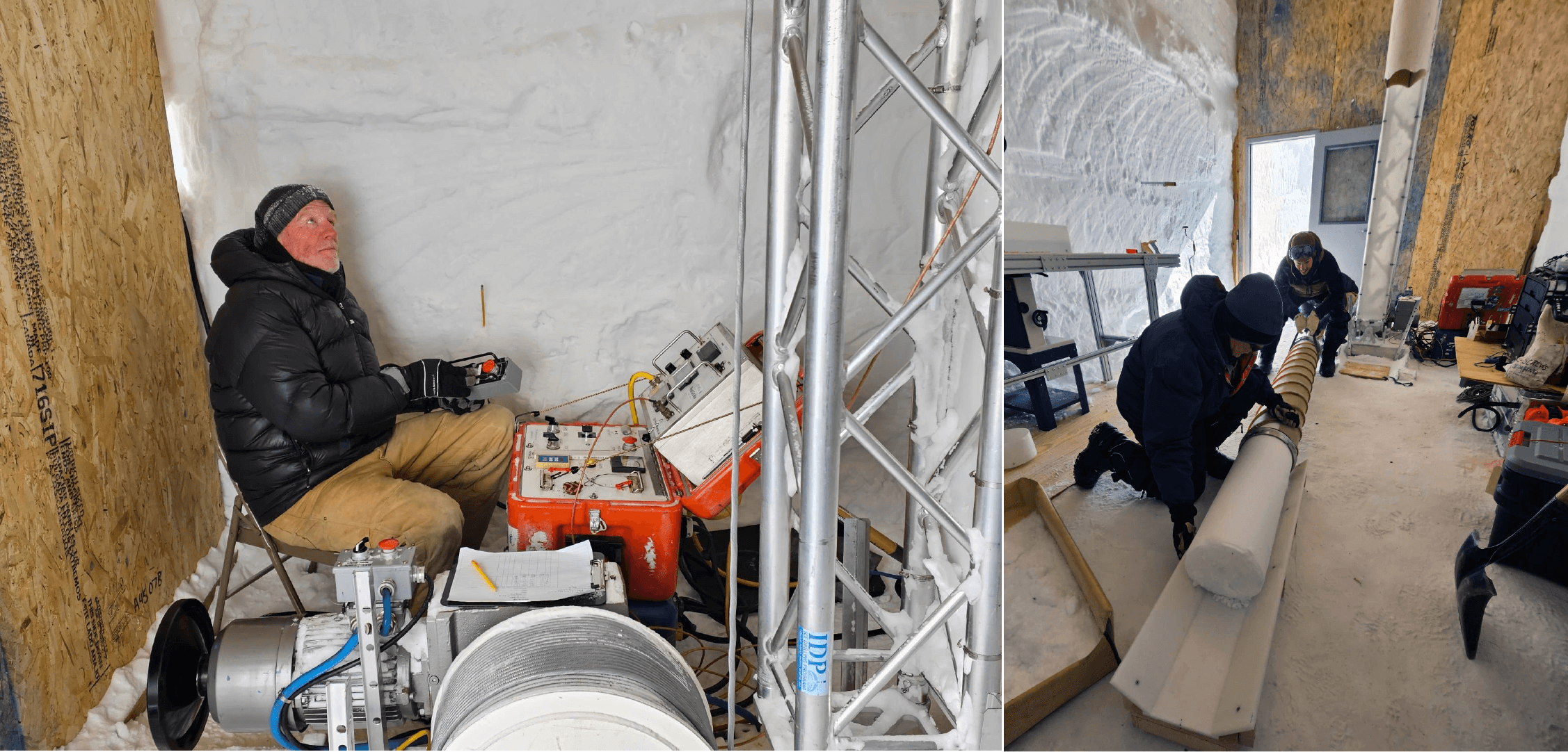 (Left) IDP Driller Mike Jayred operates the Blue Ice Drill at Summit, Greenland, in support of PI Nathan Chellman’s project. Credit: Nathan Chellman, DRI. (Right) PI Nathan Chellman’s science team pushes a core out of the barrel of the Blue Ice Drill. Credit: Nathan Chellman, DRI.