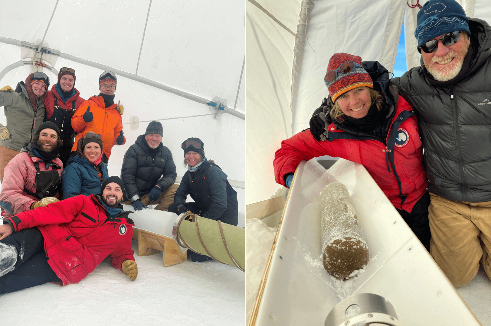 (Left) I-165-M (PI John Higgins) Allan Hills team photo with a core from the Blue Ice Drill. Credit: Austin Carter. (Right) Drillers Elizabeth Morton and Mike Jayred with the final Foro 400 core from 205.75 m depth at Allan Hills. Credit: Jacob Morgan