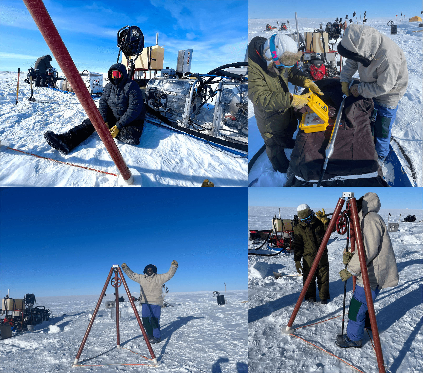 The GreenDrill site selection team at the NEGIS camp in Dronning Louise Land, Greenland. (Top left) Setting up the Small Hot Water Drill (SHWD). The pump/generator is the red unit below the hose reel and the two silver‐colored units are water heaters. The sled to the left contains the water tank (large white tank). Credit: Amanda Willet. (Top right) Amanda Willet and Sridhar Anandakrishnan prepare the SHWD’s drill head. Credit: Sveinn Sveinsson. (Bottom left) Sridhar Anandakrishnan excited to start working.