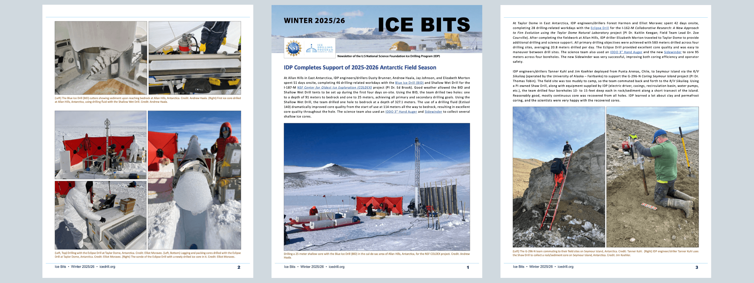 Images of the pages from the Winter 2025-2026 Ice Bits newsletter