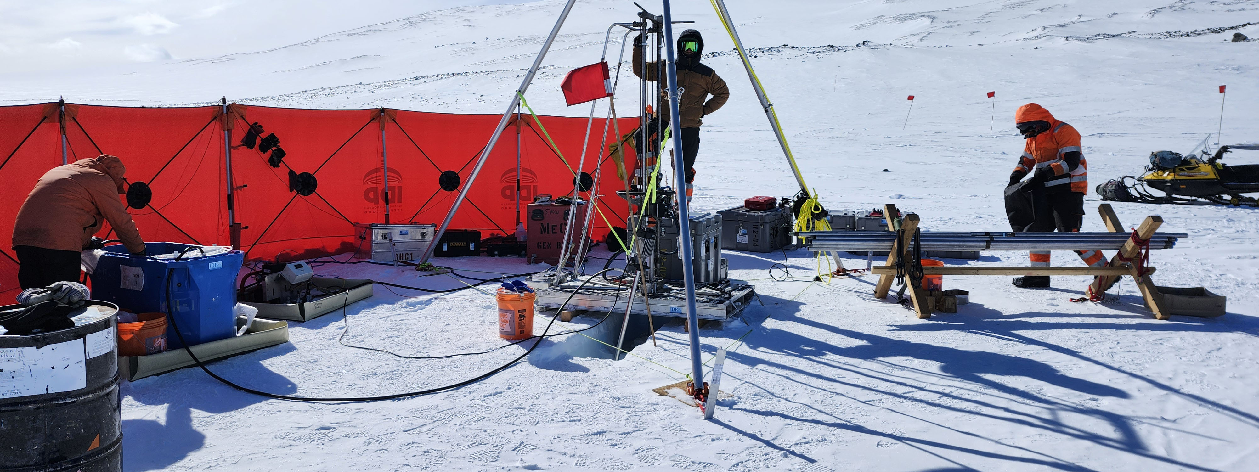 Drilling with the Winkie Drill at Mount Waesche, West Antarctica. Credit: Nels Iverson.