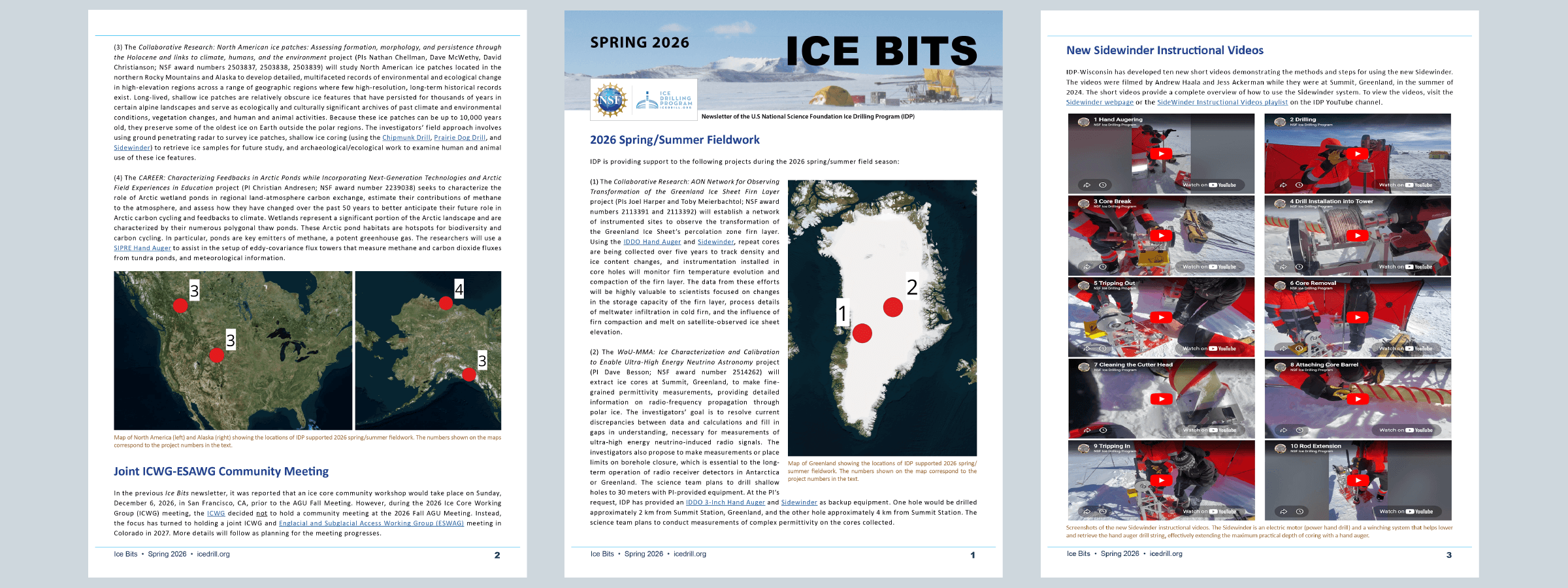 Images of the pages from the Spring 2026 Ice Bits newsletter