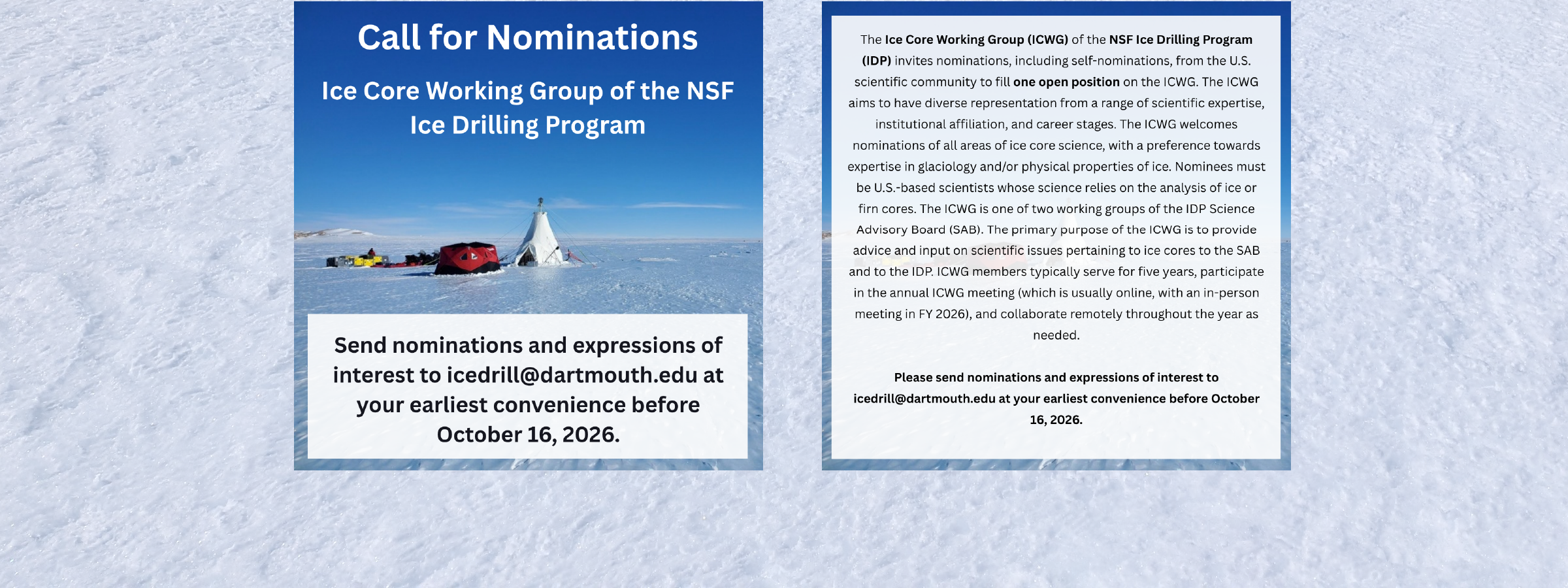 Advertisement for call for nominations of the Ice Core Working Group