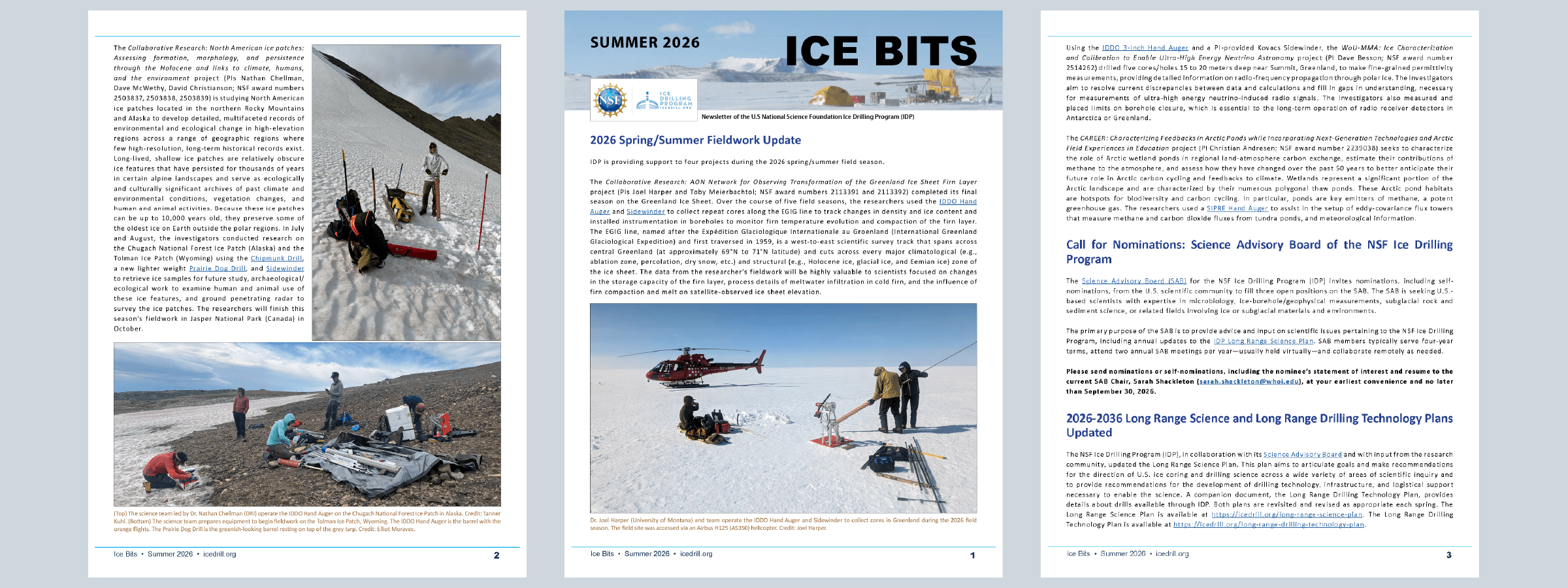 Images of the pages from the Summer 2026 Ice Bits newsletter