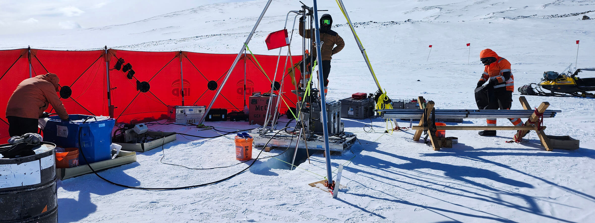 Drilling with the Winkie Drill at Mount Waesche, West Antarctica. Credit: Nels Iverson.