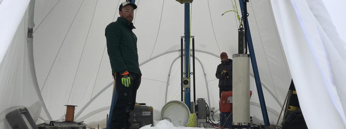 Interior of the new Blue Ice Drill tent at Law Dome, Antarctica, during the 2018-2019 field season
