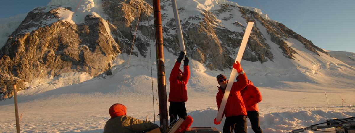 A 2-meter-long section of ice from Combatant Col, Mt. Waddington, British Columbia, is removed from the Thermal Drill