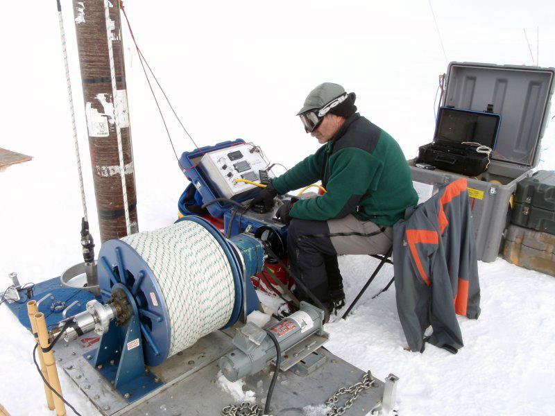 IDP driller Terry Gacke drilling an ice core in northern Greenland during the 2010 field season
