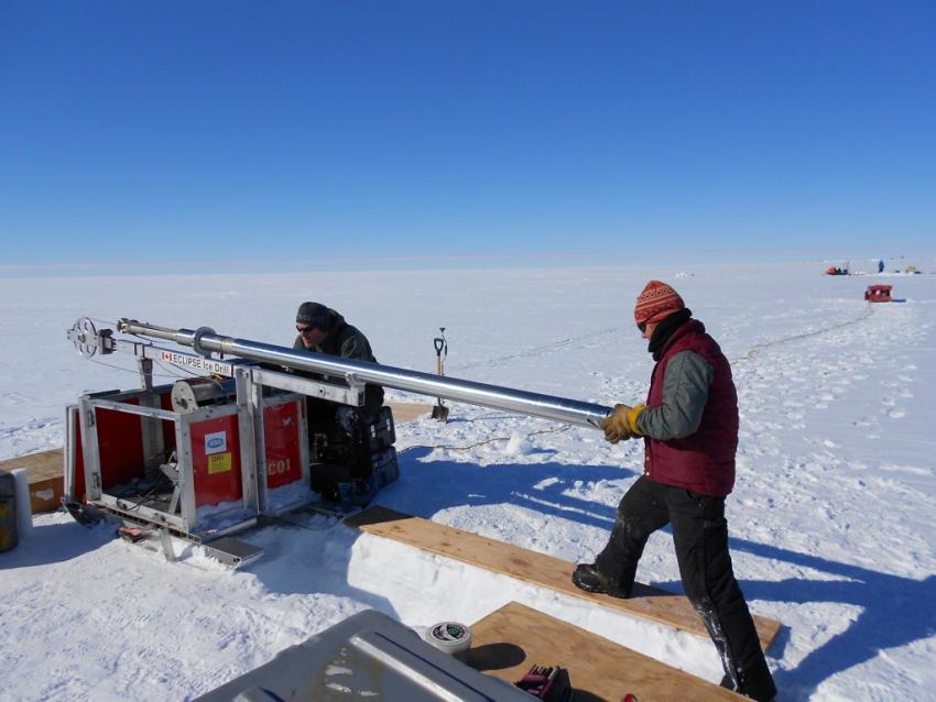 Michael Jayred and Elizabeth Morton work with the Eclipse Drill at WAIS Divide, Antarctica