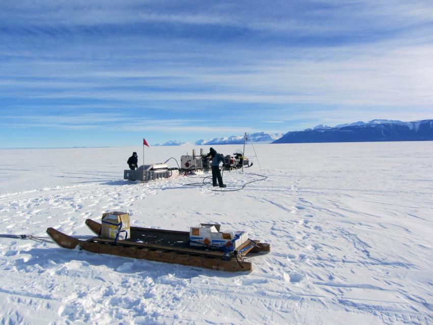 Drilling seismic shot holes with the Small Hot Water Drill on Beardmore Glacier, Antarctica, during the 2012-2013 summer field season